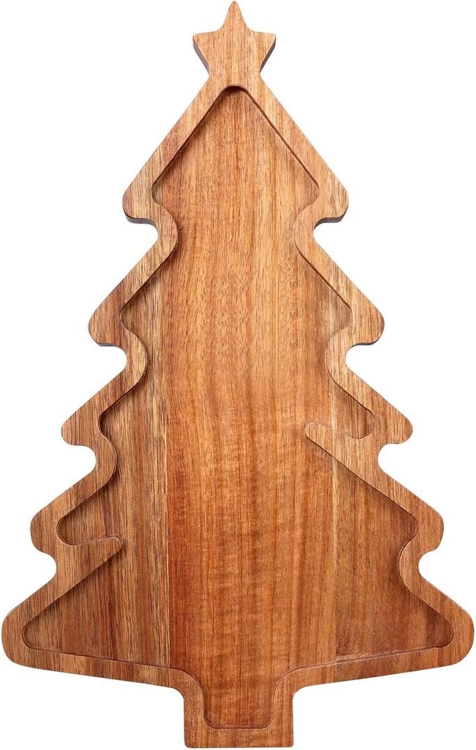 Acacia Wood Christmas Tree Tray - Decorative Serving Platter, Festive Plate, Xmas Dish & Wooden Charcuterie Board for Holiday Gift, Cheese, Fruit, Veggie & Cookie, Food, Snack, 16 x 10