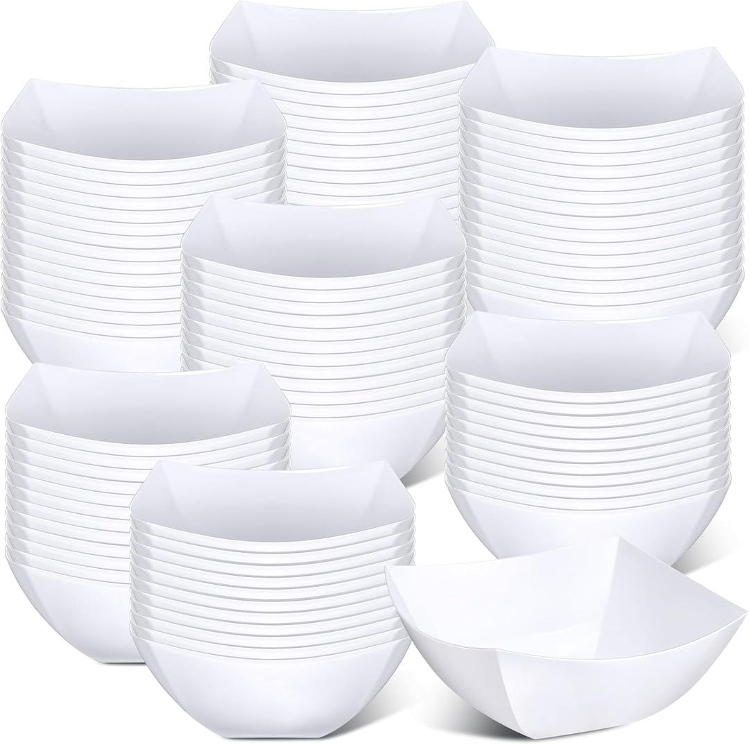 Sliner 100 Pcs Square Plastic Bowls 8 oz Plastic Serving Bowls Disposable Chip Containers for Parties Snack Fruit Candy Containers for Candy Buffet Salad Bar Buffet Party Supplies(White)