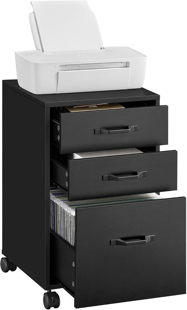 VASAGLE File Cabinet, 3 Drawers Filing Cabinet for Home Office, with Wheels, for A4, Letter Sized Documents, Hanging File Folders, Ink Black UOFC065B16, 15.7''d X 16.1''w X 26.9''h