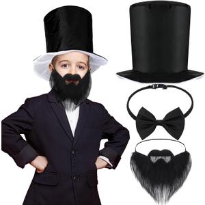 Panitay 3 Pcs Abe Costume Cosplay Accessories for Kids Abe Tall Hat and Fake Beard Bow Tie for Patriotic Presidents Day Costume Accessories Dress up Halloween Supply