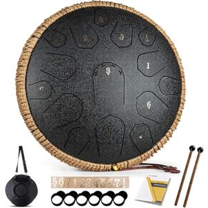 Steel Tongue Drum - HOPWELL 15 Note 14 Inch Tongue Drum - Hand Pan Drums with Music Book, Steel Handpan Drum Mallets and Carry Bag, D Major (Black)