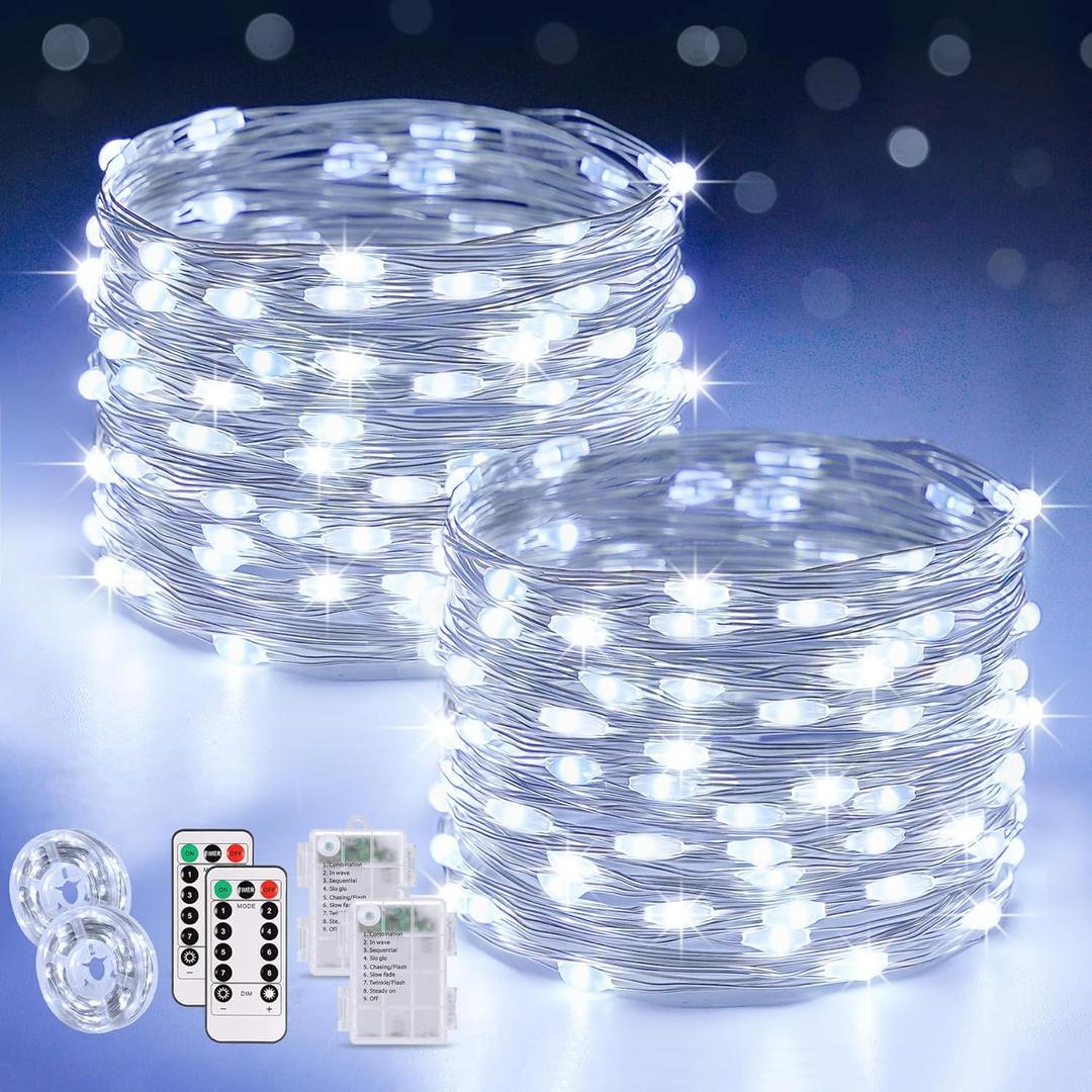JMEXSUSS 2 Pack White Fairy Lights Battery Operated, Total 200 LED 66ft Twinkle Lights with Remote, 8 Mode White String Lights for Bedroom Ceiling Centerpiece Tree Indoor Outdoor Decor