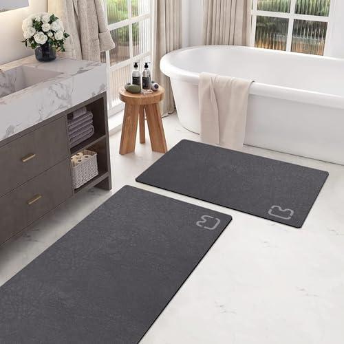 2 Piece Bathroom Rugs Mat Set - Quick Dry Diatomaceous Earth Bath Mat for Bathroom Non-Slip Bath Rug with Rubber Backing, Absorbent Bath Mats Thin Bath Floor Mat, 15.7x23.6+15.7x47.2 Inch, Dark Grey