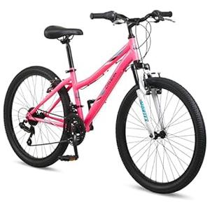 Pacific Cavern Mountain Bike for Youth, Boys and Girls, 21-Speed Twist Shifter, 24-Inch Wheels, 14-Inch Steel Frame, Front Suspension, Kickstand Included, Pink