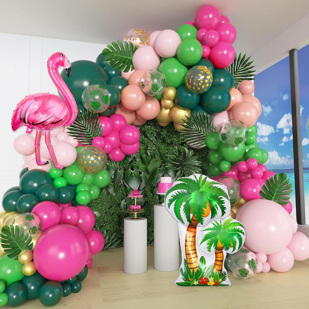 Amandir 165Pcs Flamingo Tropical Balloon Arch Garland Kit, Hot Pink Green Gold Foil Coconut Flamingo Balloons with Palm Leaves for Hawaiian Luau Aloha Summer Beach Tropical Birthday Party Decorations