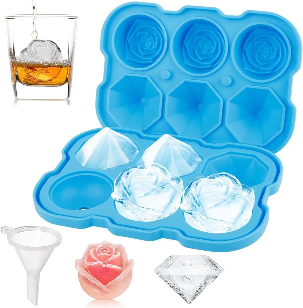 Ice Cube Tray, Mikiwon 2 inch Rose Ice Cube Trays With Covers, 3 Cavity Silicone Rose Ice Tray & 3 Diamond Ice Ball Maker, Easy Release Large Ice Cube Form for Chilled Cocktails, Whiskey Juice (Blue)