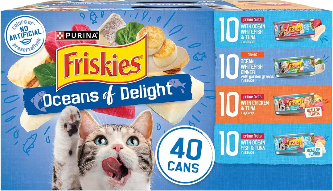 Purina Friskies Wet Cat Food Variety Pack, Oceans of Delight Flaked and Prime Filets - (Pack of 40) 5.5 oz. Cans (EXP 04/01/28)