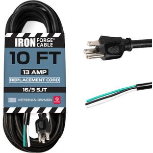 Iron Forge Cable 16 Gauge Power Cord Replacement - 10ft,15 Amp Black Heavy Duty, 16/3 SJT 3 Prong Cable - for Appliances & Power Tools, NEMA 5-15P