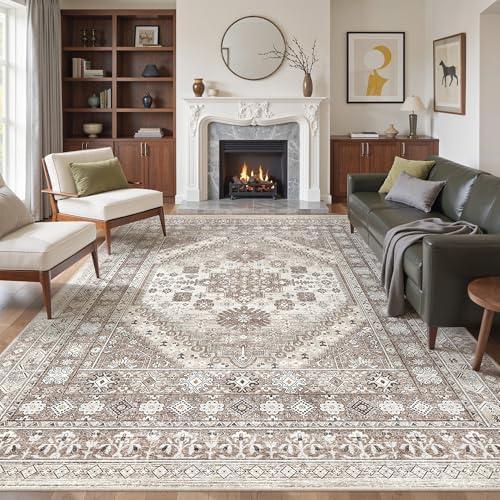 befbee Washable Rug 8x10 Area Rugs for Living Room - Stain Resistant Non-Slip Backing Rugs for Bedroom - Vintage Large Area Rug (Brown/Beige, 8'x10')