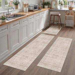 Vintage Kitchen Rug Set of 3 Washable Beige Kitchen Mats for Floor Non-Slip Kitchen Runner Rug Soft Low Pile Distressed for Bathroom Laundry Hallway Sink Entryway