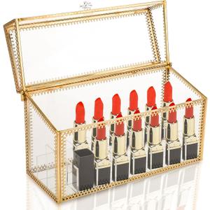 HighFree 24 Slots Glass Lipstick Organizer - Gold Vintage Transparent Display Box With Lid & Removable Dividers for Lip Gloss, 