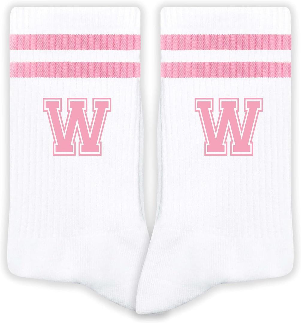 Pink And White-Striped Letter Socks, Sports Socks For Women, Pink Team socks, Friends And Family, Birthday Gift. (White)