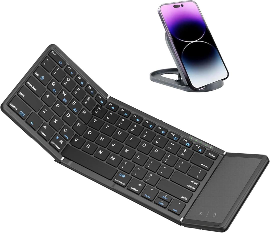 Folding Bluetooth Keyboard with Touchpad, Rechargeable Portable Travel Keyboard Bluetooth Sync Up to 3 Devices, for Windows iOS Android Tablet Laptop, Black - Big Touchpad BT5.1 x 3