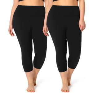 Hi Clasmix 2 Pack Plus Size Capri Leggings for Curvy Women -1X-4X High Waisted Tummy Control&Soft Yoga Workout Gym Tights Pants(2 Pack Black,XL)