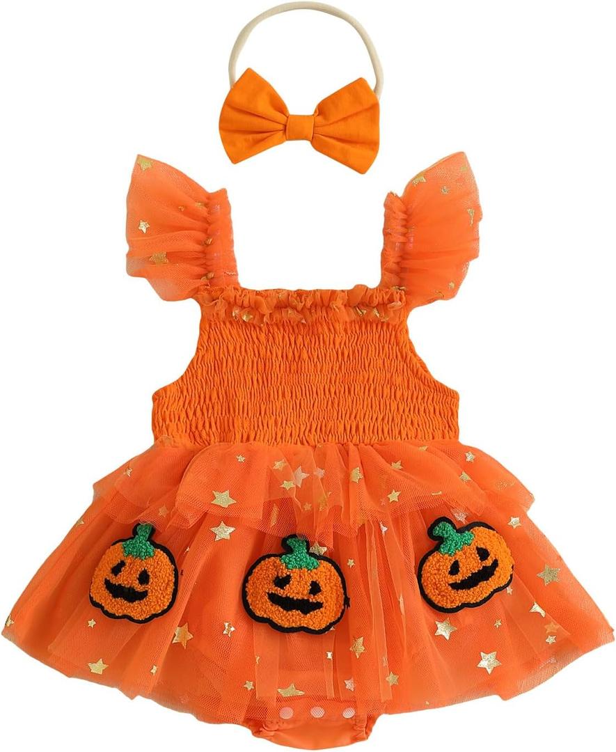 0-18 Months Baby Girl Halloween Clothes Smocked Pumpkin Romper Onesie Tulle Lace Bodysuit Infant Girl Christmas Clothes (6-9 Months, Orange)