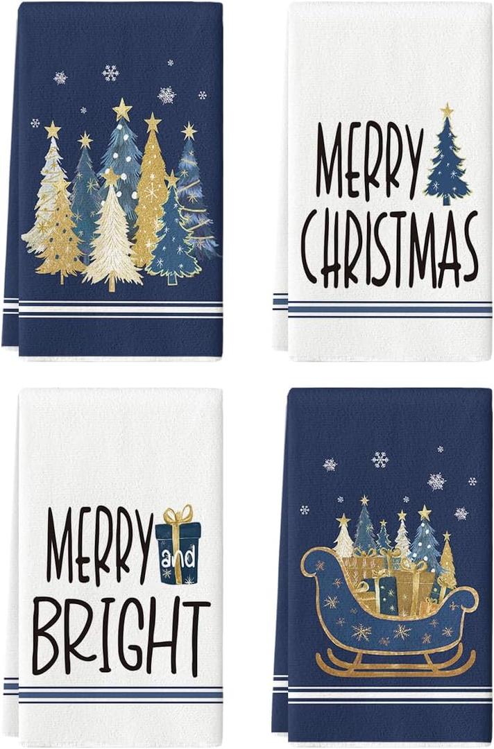 Artoid Mode Blue Sleigh Star Xmas Tree Merry Christmas Kitchen Towels Dish Towels, 18x26 Inch Farmhouse Holiday Winter Decoration Cleaning Set of 4