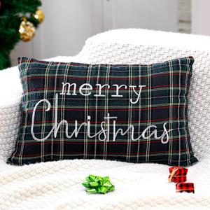 Preboun Tartan Christmas Pillow Cover 12 x 20 Inch Embroidered Merry Christmas Throw Pillow Cover Scottish Tartan Pillows Cases Home Decor Vintage Plaid Cushion Covers for Farmhouse Couch Sofa(Green)