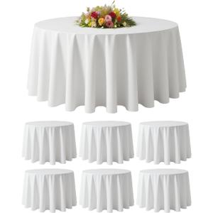 Pack of 6 Washable Round Polyester Fabric Tablecloths 90 Inch - Decorative Table Cover for Wedding Party Dining Banquet (White)