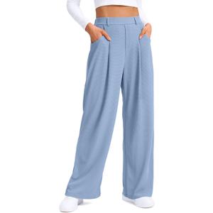SANTINY Wide Leg Pants Woman Elastic High Waisted Waffle Knit Slacks Business Casual Work Pants Pleated Trousers with Pockets (Blue, L)