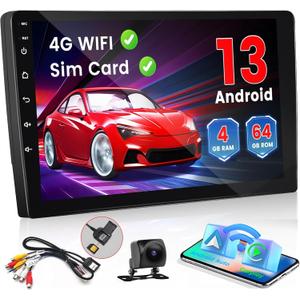 [Support SIM Card] Hikity 8 Core 4+64G Android 13 Double Din Car Stereo with Wireless Carplay Android Auto 10.1'' Touchscreen Radio WiFi GPS Bluetooth Mirror Link AM/FM/RDS, EQ DSP, Mic Backup Cam