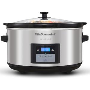Elite Gourmet MST-900D 8.5Qt Digital Programmable XL Jumbo Slow Cooker, Adjustable Temp, Entrees, Sauces, Stews & Dips, Dishwasher Safe Glass Lid & Crock, Stainless Steel, 8.5 Quarts