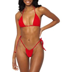 MIYOUJ Women Halter String Bikini Set Sexy Thong Cheeky Two Piece Swimsuits Solid Color Bathing Swimwear (Red, S)
