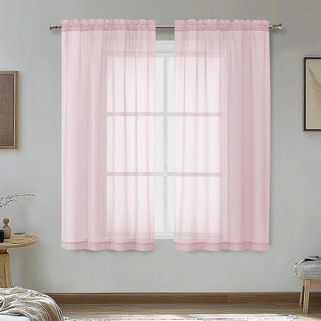OVZME Blush Pink Sheer Curtains 45 Inches Long 2 Panels - Soft Light Filtering Window Sheer Panels for Living Room/Bedroom, Top Dual Rod Pocket, 1 Pair, Each 42Wx45L Inches