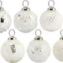 AuldHome Design Farmhouse Ball Ornaments (Set of 6, White); Distressed Metal Glass Ball Vintage Style Christmas Decorations
