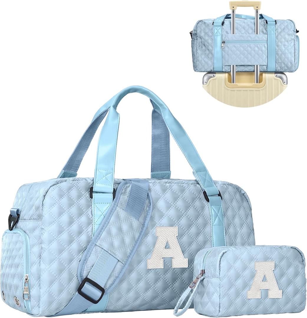 Elilier Initial Travel Duffle Bag Women Girls Gift: Personalized Weekender bags, Dance Cheer bag Sports for Girl, Kid Gymnastics Bags, Birthday Gifts for Women Girls Kids Teens Mom Teacher (light blue)