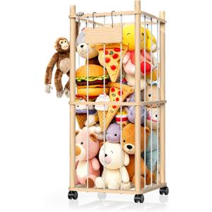 Stuffed Animal Storage & Holder, Natural Pine Wood Plushies Storage with Wheels, Large Capacity Stuffed Animal Zoo with Elastic Cord, Space Save Toy Organizer for Playroom Bedroom & Toddler Room (2 Tier)