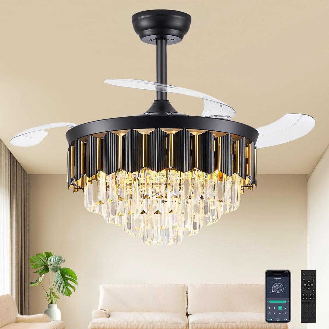 42'' Fandelier Ceiling Fans with Lights, Chandelier Ceiling Fan with Lights Retractable Ceiling Fan 3000-6500K LED Dimmable, 6 Wind Speeds, Crystal Ceiling Fans for Bedroom Living Room-Black