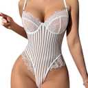 Women Lace Bodysuit Sexy Teddy Lingerie Body Suit Eyelash Trim Mesh Stripes 1 Piece Snap Crotch Tops (Red, S)