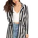 Floerns Women's Casual Work Office Open Front Striped Blazer, Black/White, Size Medium 