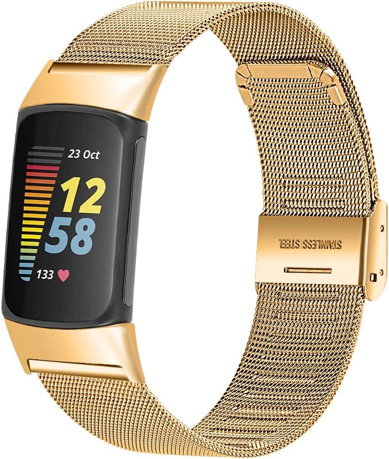 FitTurn Slim Band for Fitbit Charge 6/Charge 5 SmartWatch, Mesh Stainless Steel Adjustable Watchband Feminine Strap Replacement Accessory Strap for Charge 6/Charge 5 Fitness & Health Tracker (Gold)