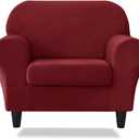 Velvet Stretch 2 Pieces Stretch Armchair Covers, 1 Seater Chair Slipcovers, Washable Furniture Protector (Wine red)