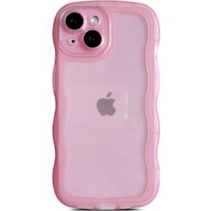 Qokey for iPhone 15 Case 6.1", Curly Wave Design Bumper Design Transparent Shiny Case Cute Clear Shockproof Protection Soft Wavy Phone Cover Case for Women Girls Men, Clear/ Pink