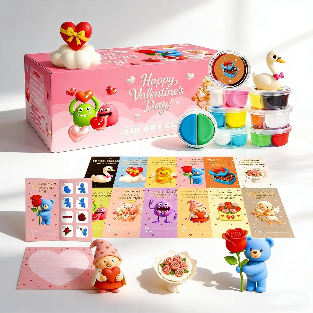 12Pack Valentine's Day DIY Crafts Kit  Air Dry Clay Valentine's Day Crafts for Kids  Creative Air Dry Clay Modeling Indoor Decorations  Kids Valentine's Day Crafts Gift for School Winter Party Fun