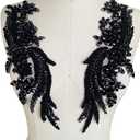 1 Pair Handmade Beaded Crystal Patches Bodice Lace DIY Applique Patches Accessory for Dress Clothes 35X12cm (Black)
