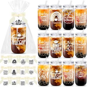 Teenyyou 12 Set End of Year Teacher Gifts Bulk Teacher Graduation Gifts, 16 oz Thick Reusable Plastic Appreciation Cups with Straws and Lids for Educator Mentor from Students(Vivid)