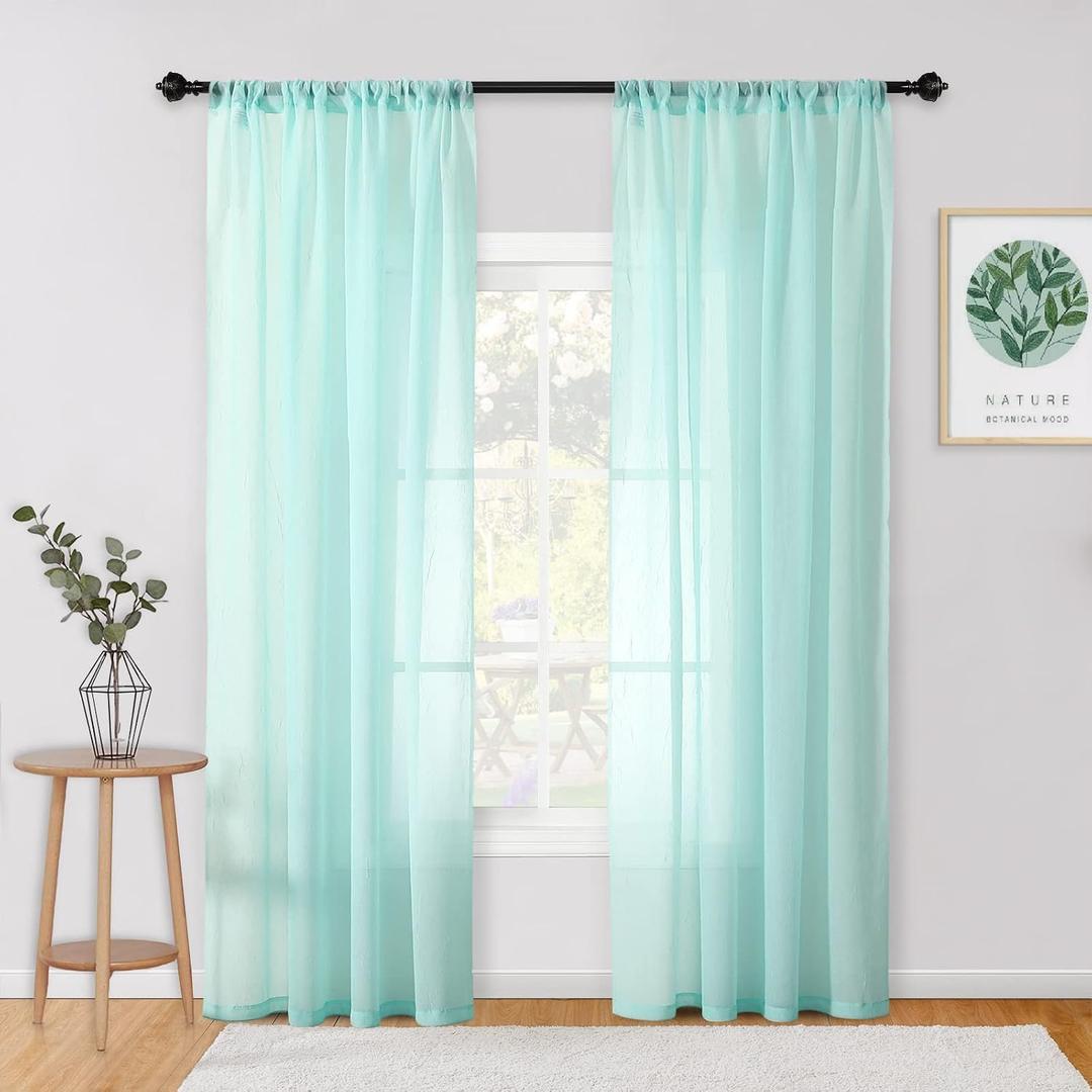 MYSKY HOME Crushed Voile Sheer Curtains for Living Room 84 Inches Long Green Curtains for Bedroom Dining Room Rod Pocket Window Treatment Crinkle Sheer Curtain 2 Panels, 51"x 84",Seafoam Green