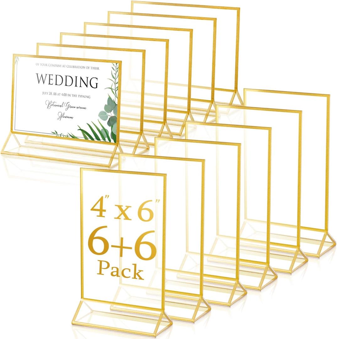 12 Pieces Gold Frames Clear Acrylic Sign Holder Double Sided Menu Display Stand with Gold Borders 2mm Table Number Holder for Wedding Recipe Cards Photo Display(Horizontal Vertical, 4 x 6 Inch)