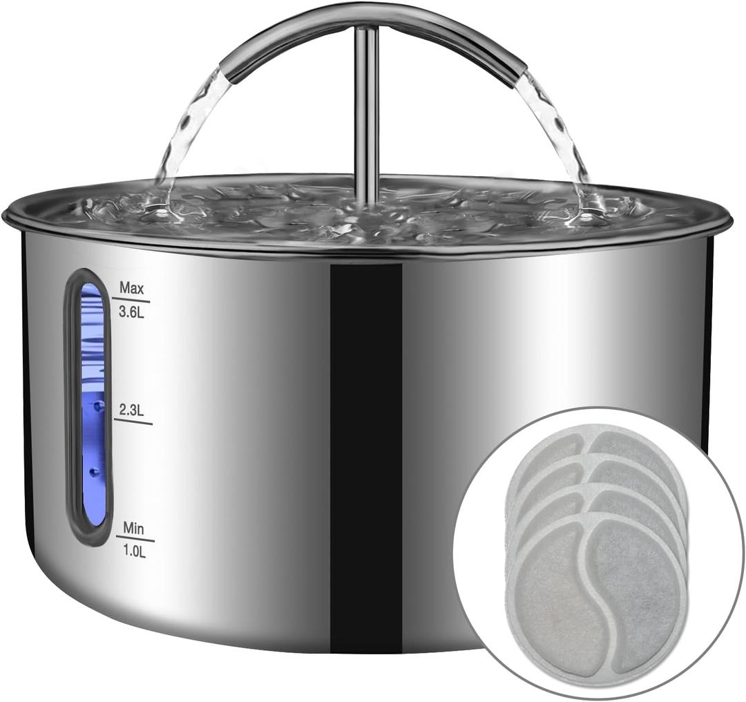 MOPETTA Cat Water Fountain, Large Capacity Stainless Steel Pet Water Fountain for Cats Inside, 3.6L/ 121oz Automatic Dog Dispenser Water Bowl, Multiple Pets Water Fountain