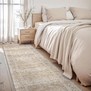 Washable Runner Rug 2x8 Feet Non Slip Low-Pile Entryway Runner, Distressed Ultra-Thin Indoor Carpet Bedside Rug, Beige