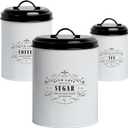 Baie Maison Farmhouse Kitchen Canisters Set of 3 - Extra Large, Large, Small - White & Black French Country Style - Sugar, Coffee, Tea Countertop Containers - Rustic Metal Kitchen Food Storage & Decor