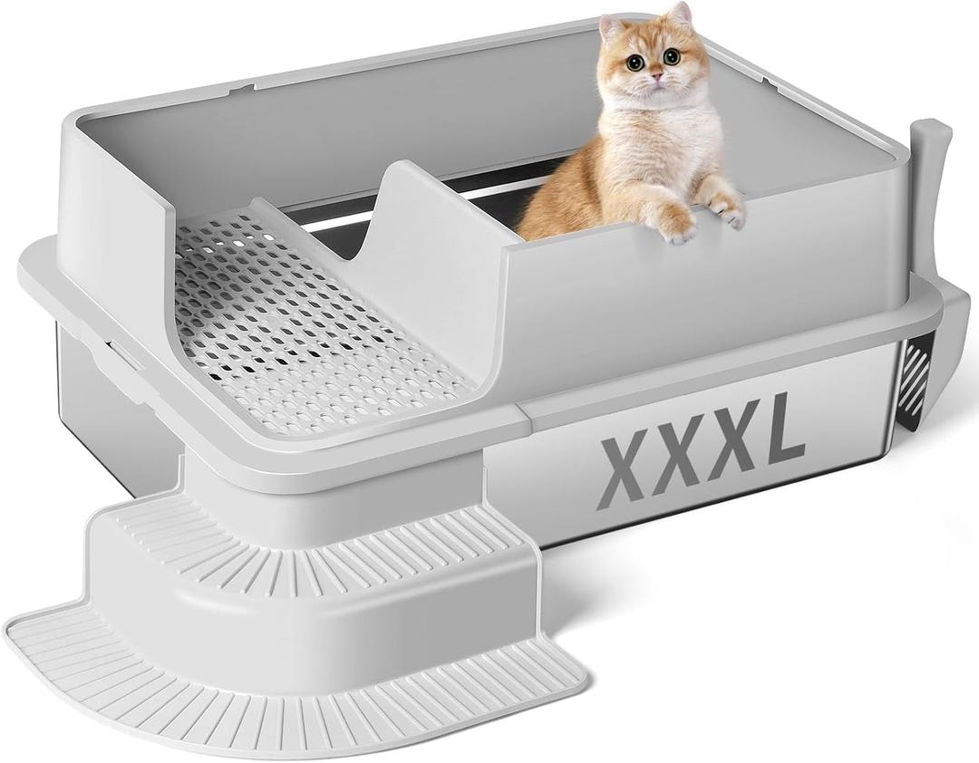 XXXL Stainless Steel Litter Box, 28"x20"x12" Extra Large Semi Enclosed High Sided Metal Cat Litter Box with Filtered Grid, Step, Scoop, Non-Sticky, Non-Odor, Easy Cleaning (Light Gray)