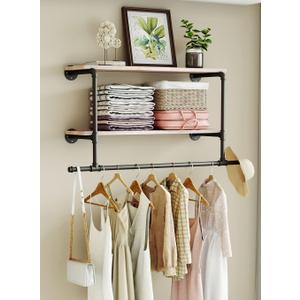 Industrial Pipe Clothes Rack with Wood Shelf, 42" Long Wall Mounted Clothing Rack with Hanging Rod for Laundry Room, Heavy Duty Pipe Shelves, Closet Storage, Retail Boutique Display