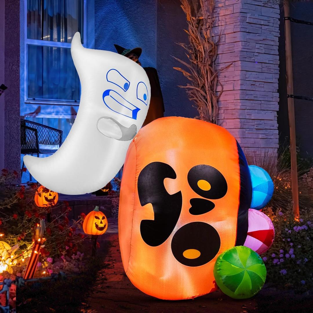 Joiedomi 5 ft Tall Halloween Inflatable Outdoor Decoration, Halloween Blow Ups Cute Ghost Halloween Decorations with Pumpkin Candy Bag with LEDs for Yard Decor