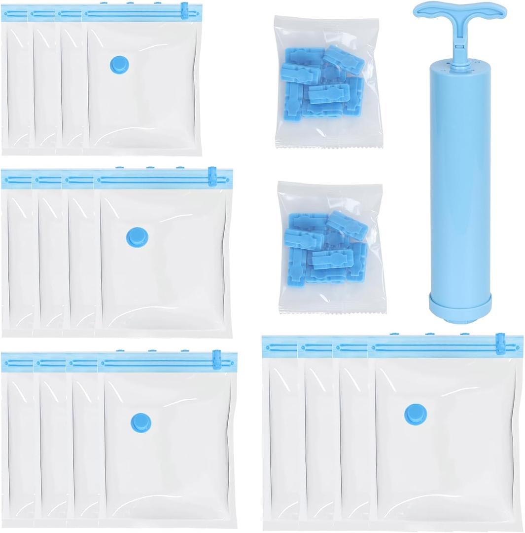 20Pcs Vacuum Storage Bags with Airtight Valve and Hand Pump, Space Saver Bags, Airtight Compression Bags for Clothes, Pillows, Comforters, Blankets, Bedding, 4 Size/5Pcs Blue