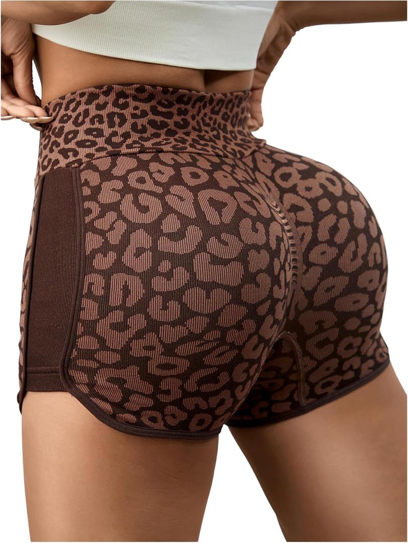 SHENHE Women's Leopard Workout Shorts High Waisted Tummy Control Gym Booty Shorts Coffee Brown Medium (Brown, M)