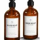 Fachixy Amber Glass Soap Dispenser (2 Pack), 16 Fl Oz Hand & Dish Soap Dispenser Bottles Set with Leak-Resistant Stainless Steel Pump, Non-Slip Pad, 14 Waterproof Labels for Kitchen and Bathroom